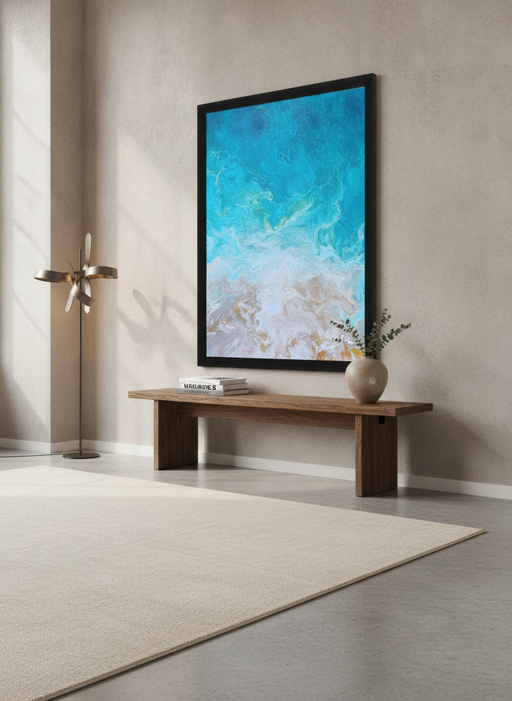 Monumental artwork centred on a feature wall in a luxe interior