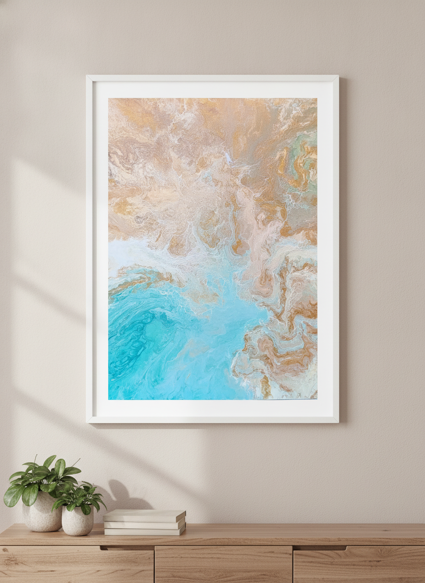 Minimalist artwork displayed in a calm, light-filled bedroom interior