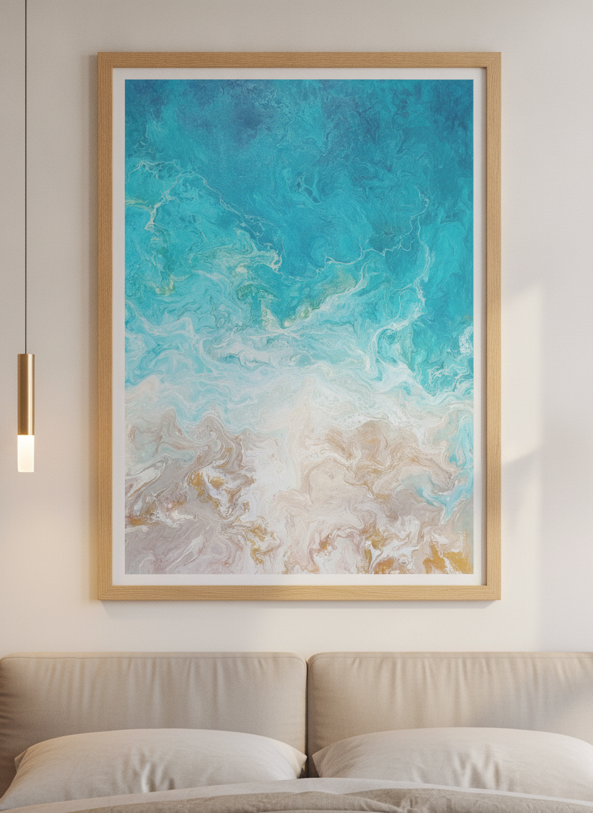 Minimalist artwork displayed in a calm, light-filled bedroom interior