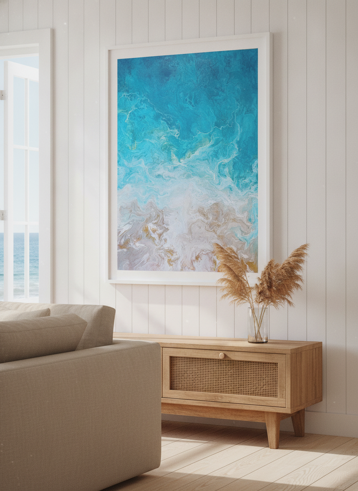 Neutral wall art displayed in a sunny coastal beach house