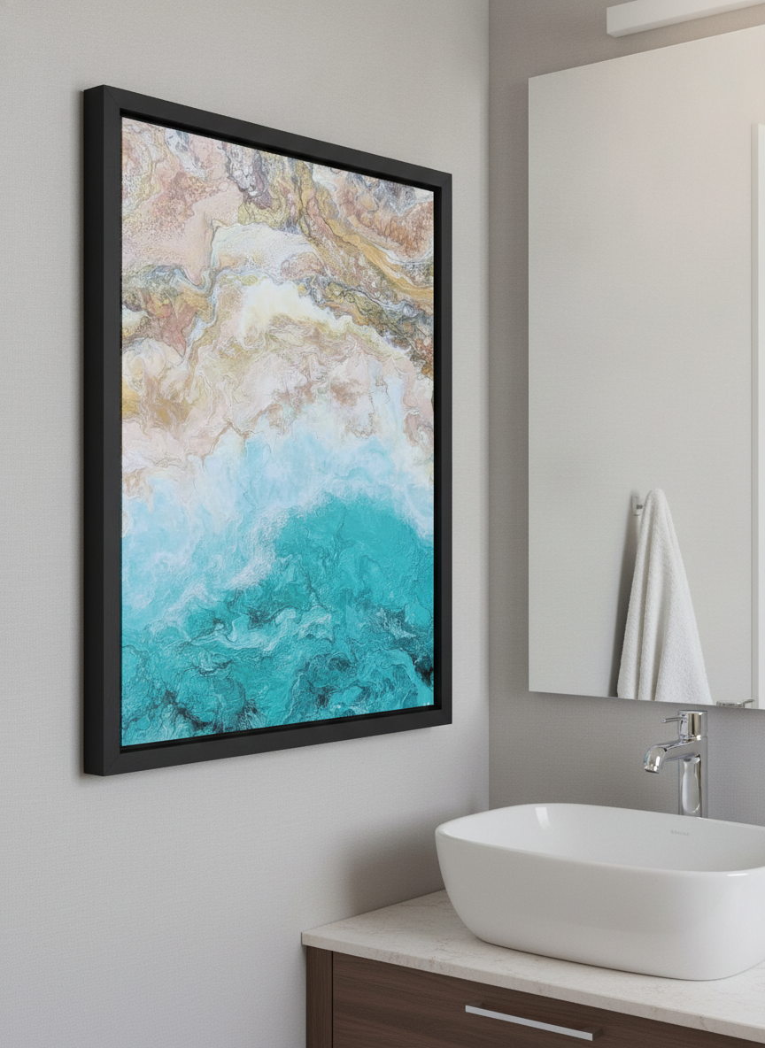 Modern print displayed in a clean minimalist bathroom setting
