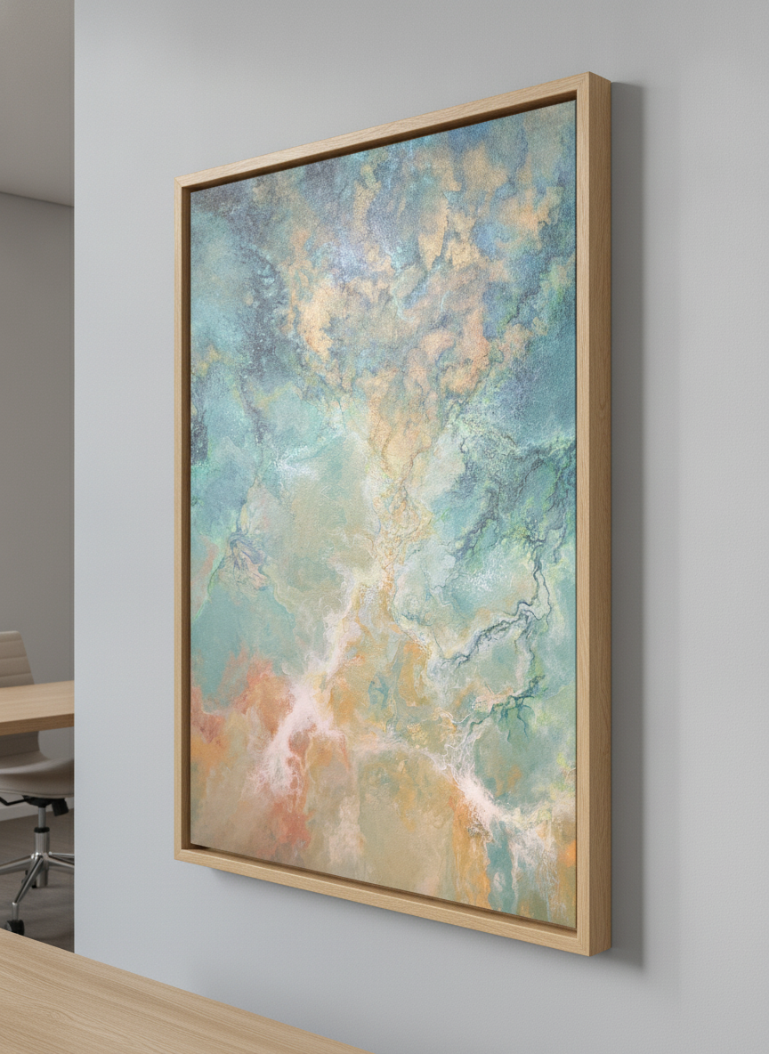 Contemporary wall art featured in a bright modern office workspace