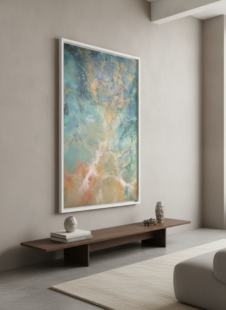Monumental artwork centred on a feature wall in a luxe interior