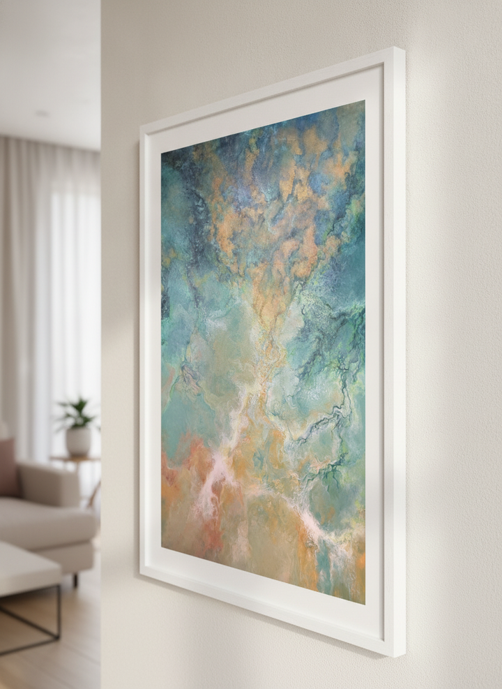 Modern wall art styled above a sofa in a neutral living room