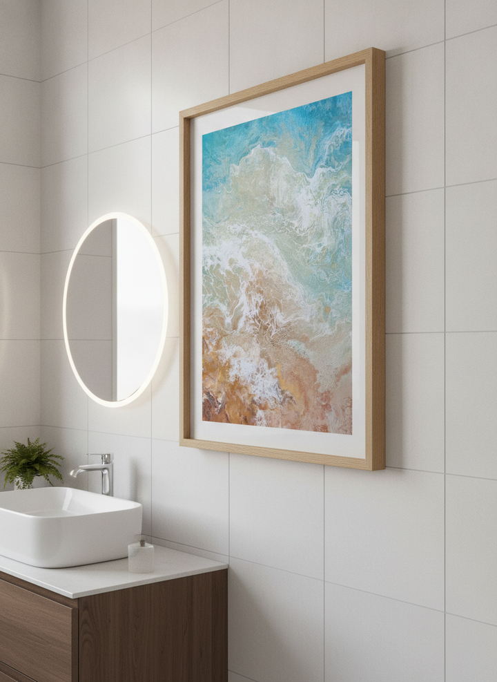 Modern print displayed in a clean minimalist bathroom setting