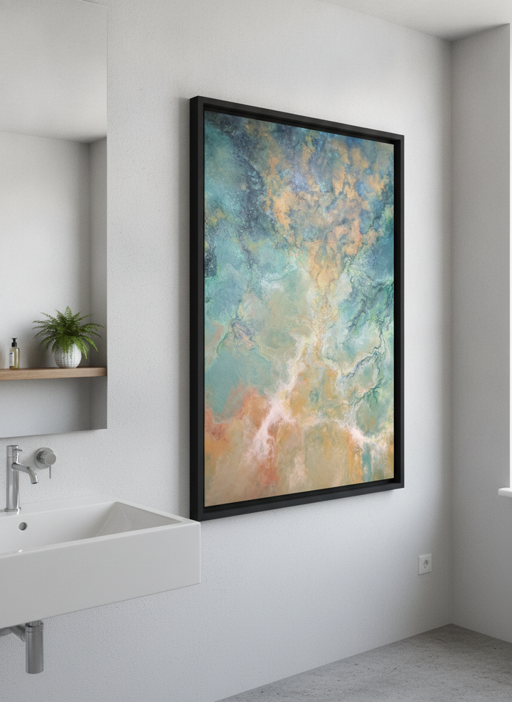 Modern print displayed in a clean minimalist bathroom setting