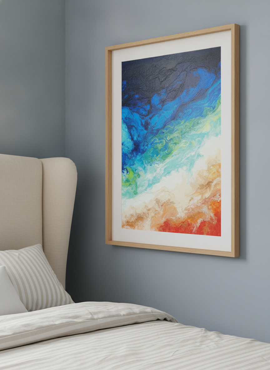 Minimalist artwork displayed in a calm, light-filled bedroom interior