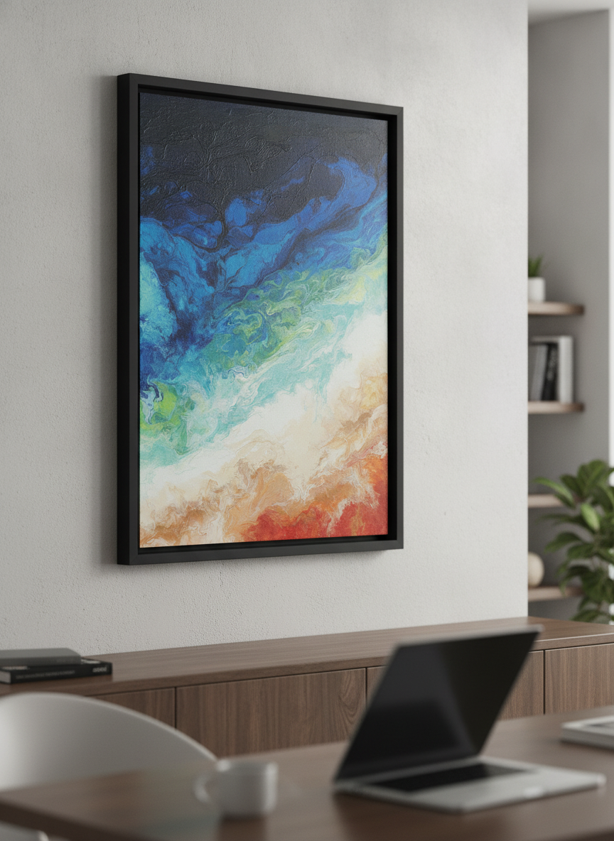Contemporary wall art featured in a bright modern office workspace