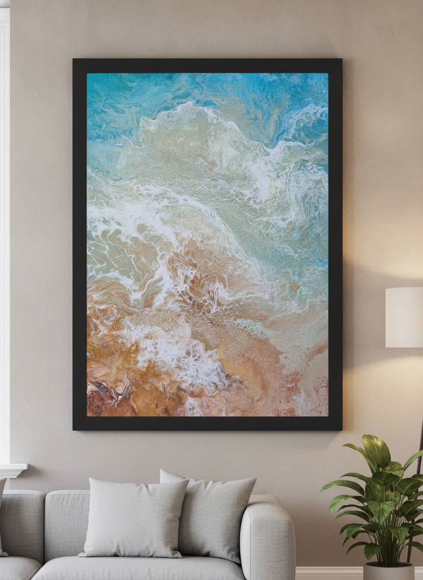 Modern wall art styled above a sofa in a neutral living room