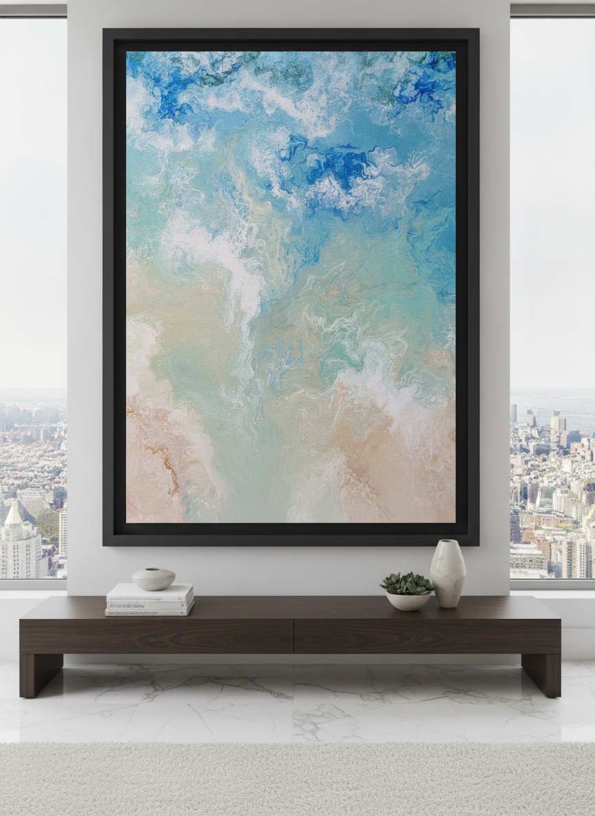 Monumental artwork centred on a feature wall in a luxe interior