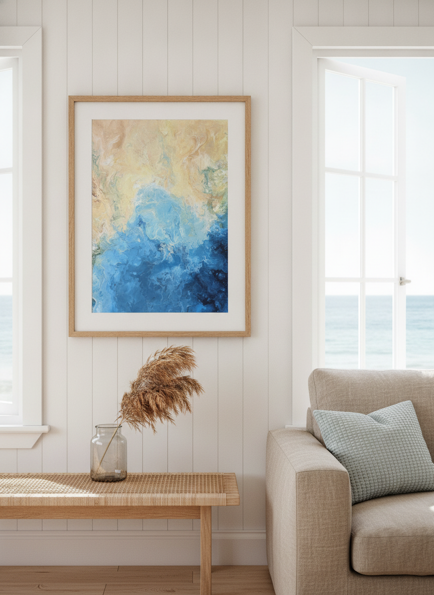 Neutral wall art displayed in a sunny coastal beach house