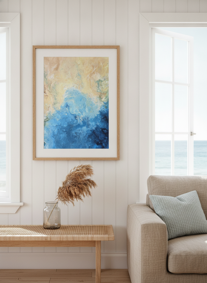 Neutral wall art displayed in a sunny coastal beach house