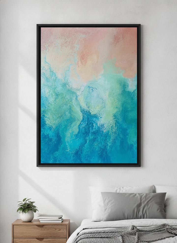 Minimalist artwork displayed in a calm, light-filled bedroom interior
