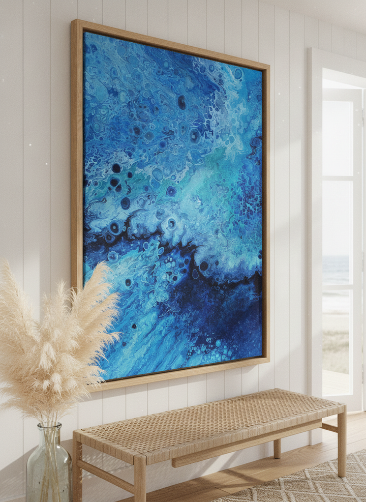 Neutral wall art displayed in a sunny coastal beach house