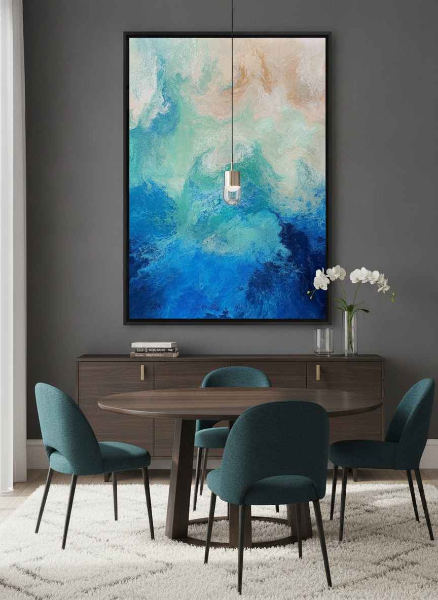 Monumental artwork centred on a feature wall in a luxe interior