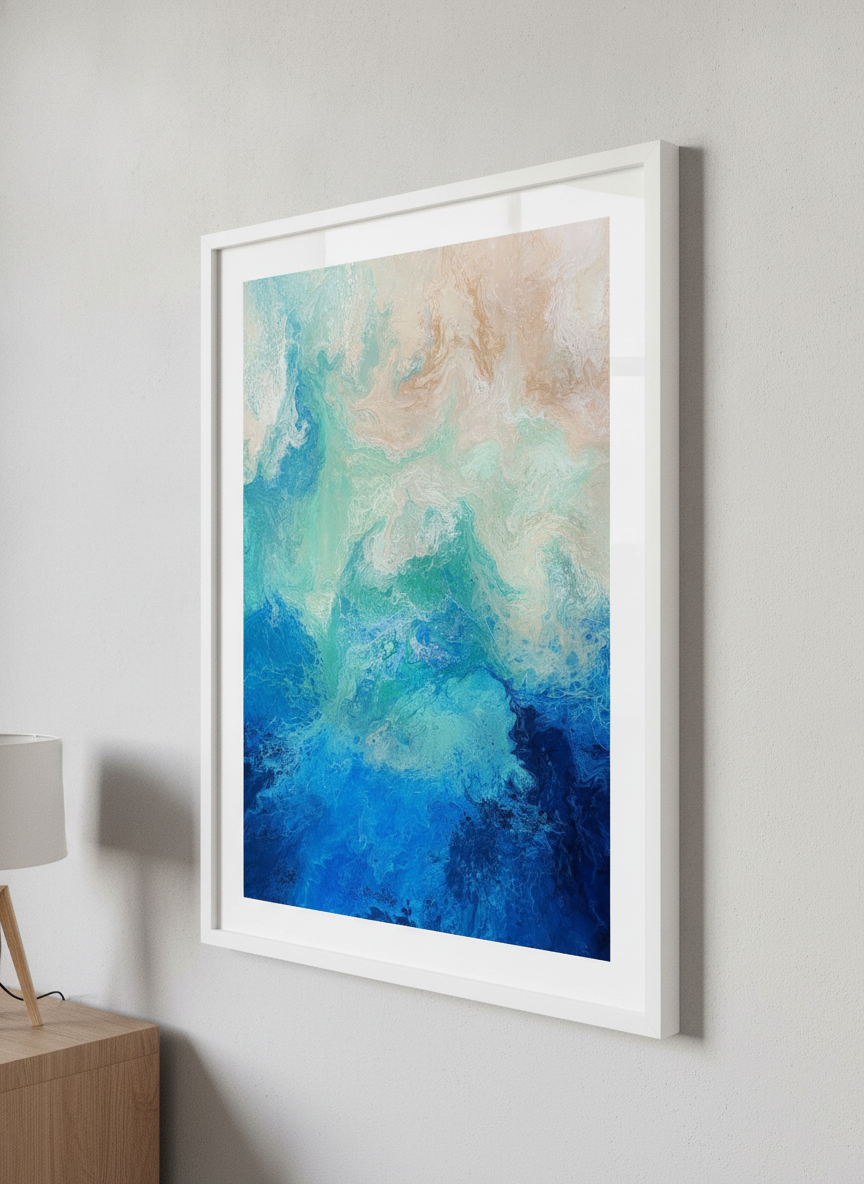 Minimalist artwork displayed in a calm, light-filled bedroom interior