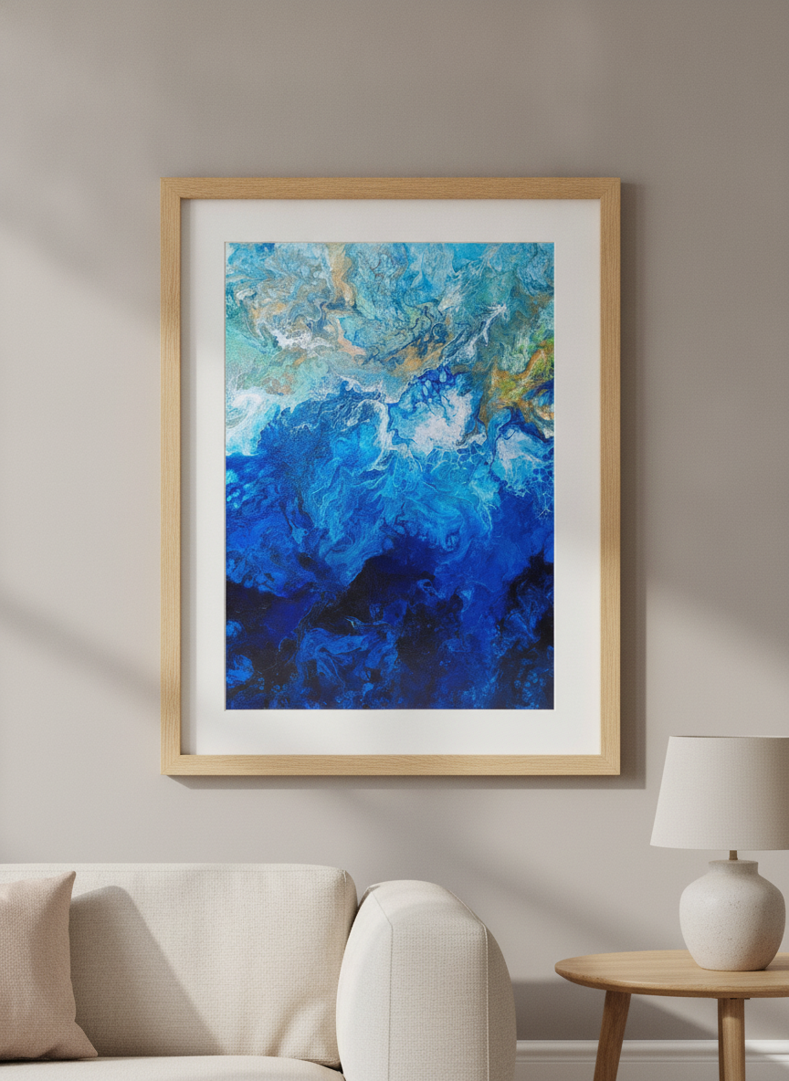 Modern wall art styled above a sofa in a neutral living room