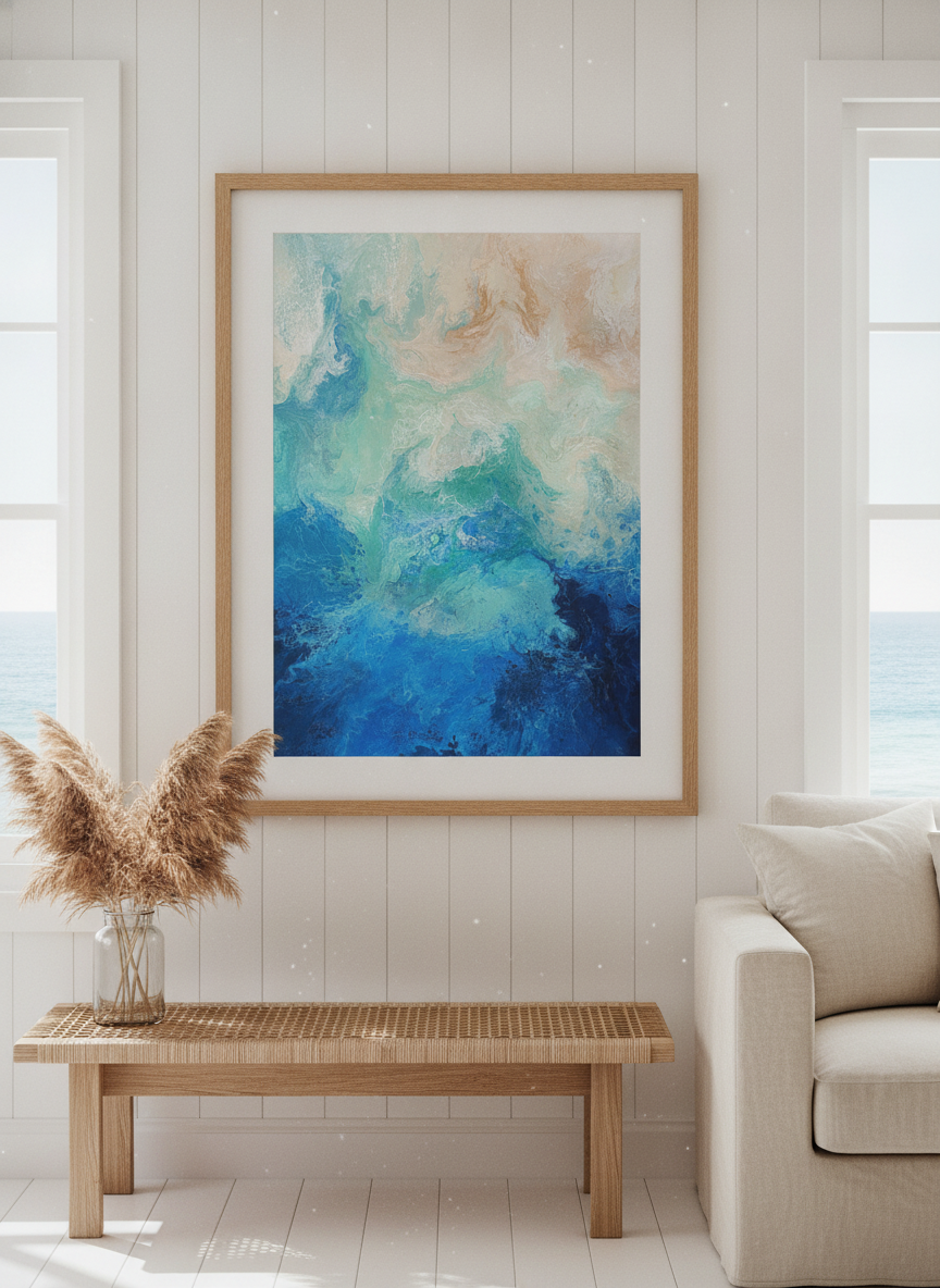 Neutral wall art displayed in a sunny coastal beach house