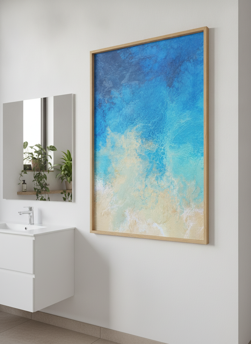 Modern print displayed in a clean minimalist bathroom setting