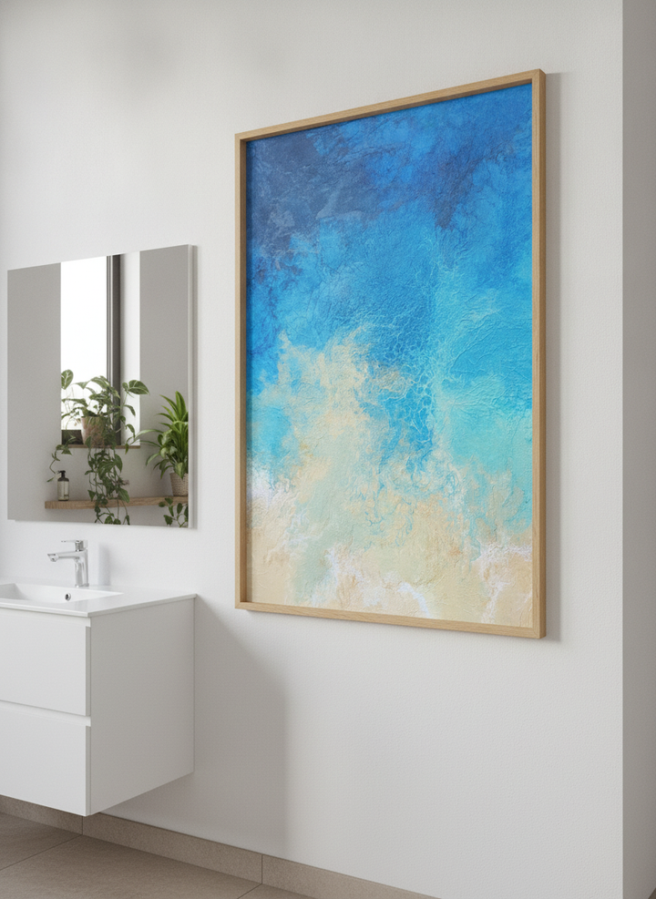 Modern print displayed in a clean minimalist bathroom setting