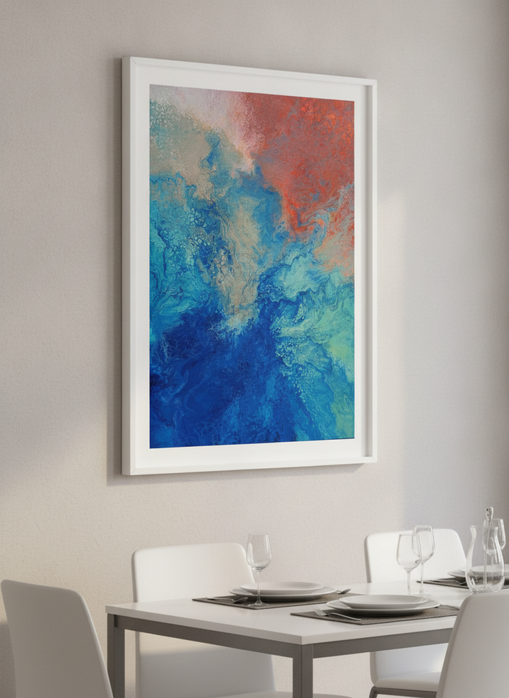 Wall art styled above a dining table in a contemporary home