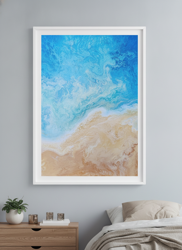 Minimalist artwork displayed in a calm, light-filled bedroom interior