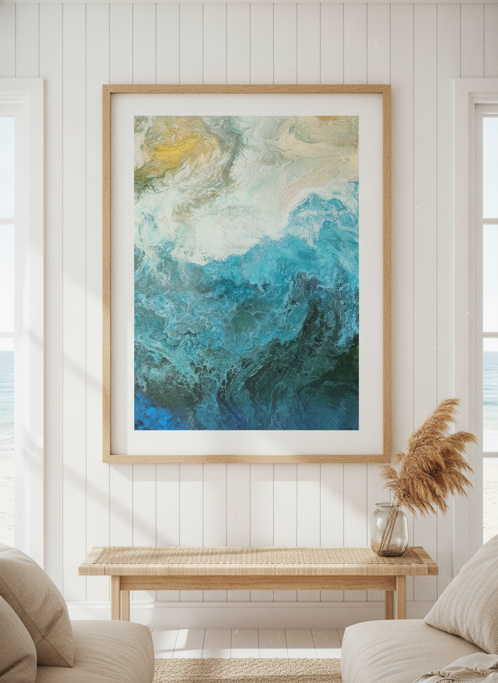 Neutral wall art displayed in a sunny coastal beach house