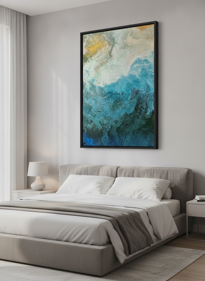 Minimalist artwork displayed in a calm, light-filled bedroom interior