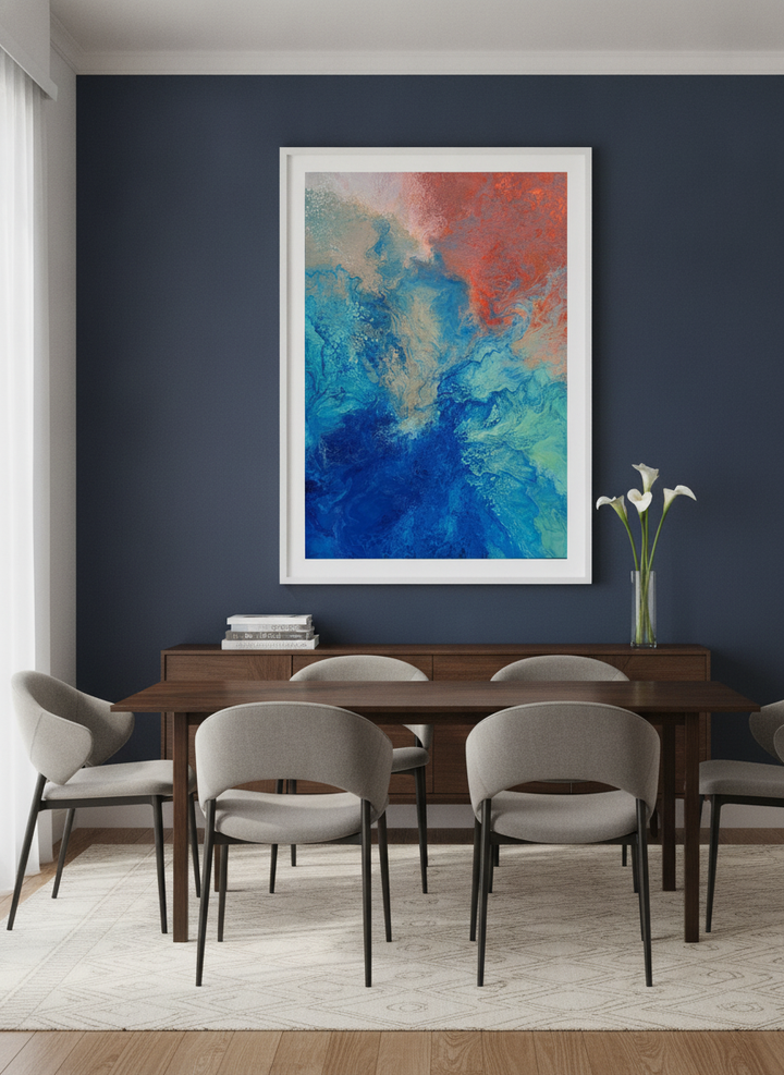Monumental artwork centred on a feature wall in a luxe interior