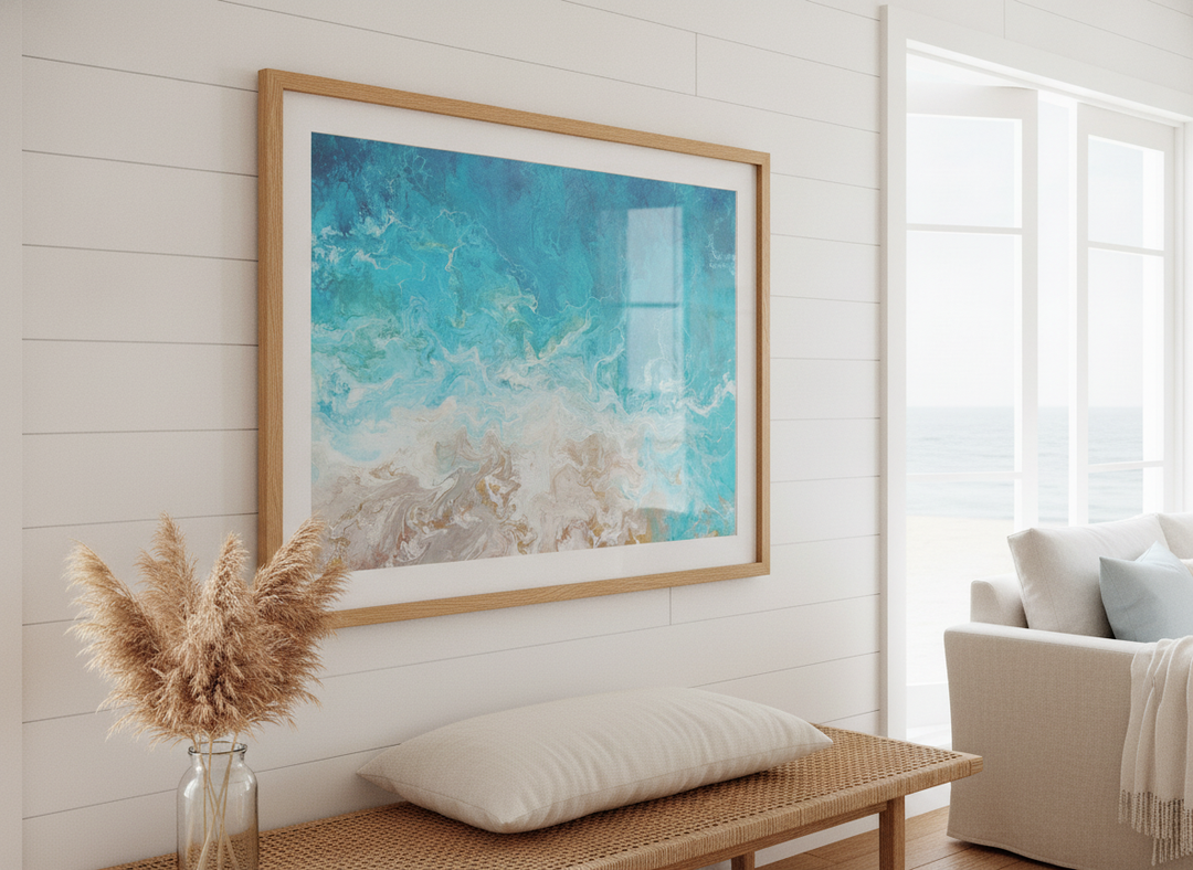 Neutral wall art displayed in a sunny coastal beach house