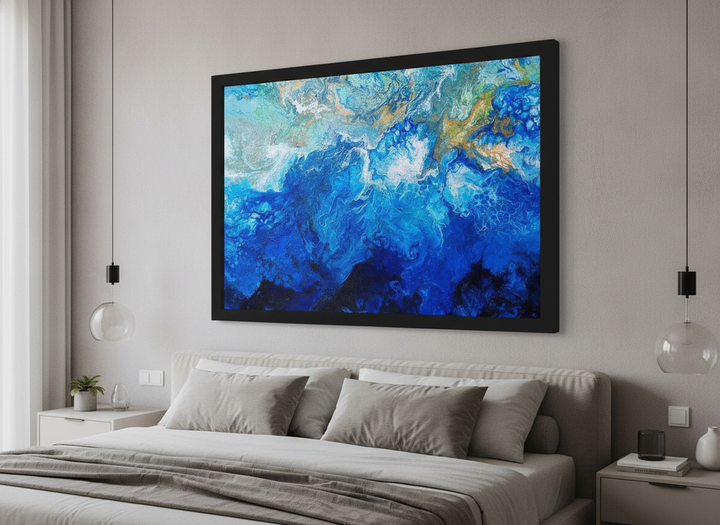 Minimalist artwork displayed in a calm, light-filled bedroom interior