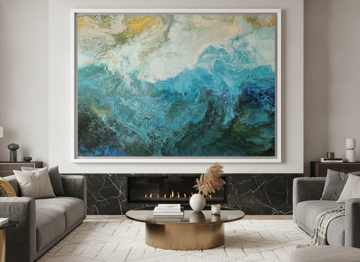 Monumental artwork centred on a feature wall in a luxe interior
