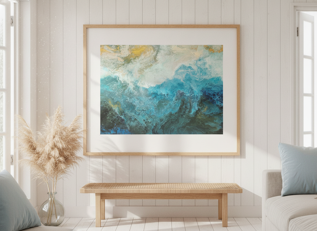 Neutral wall art displayed in a sunny coastal beach house