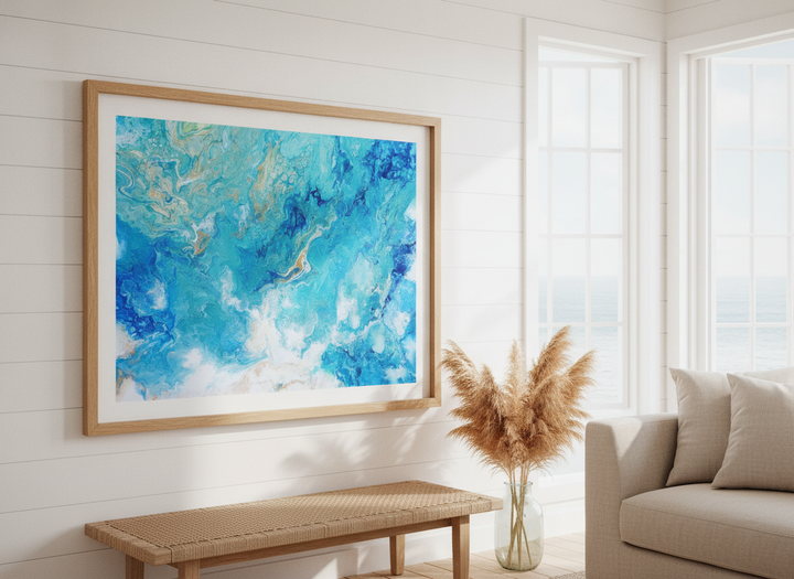 Neutral wall art displayed in a sunny coastal beach house