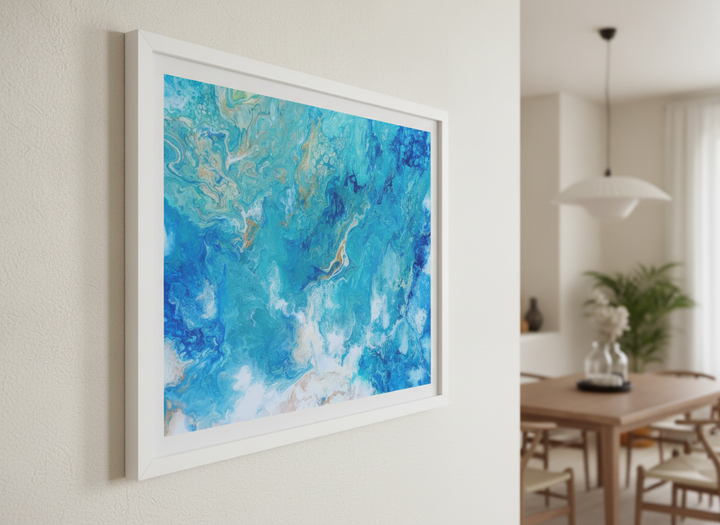 Wall art styled above a dining table in a contemporary home