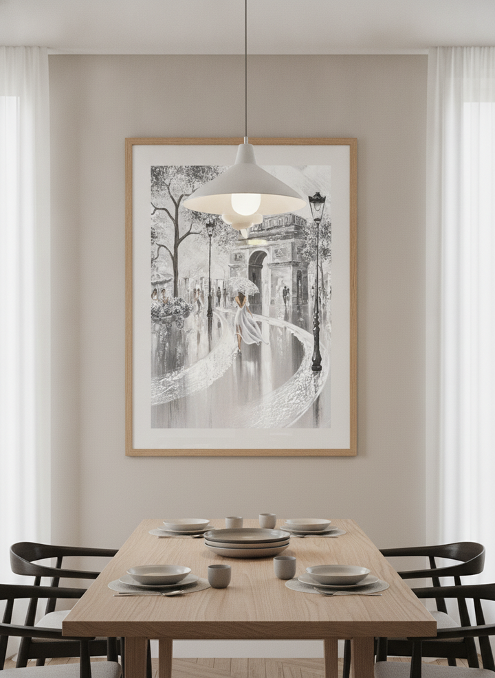 Wall art styled above a dining table in a contemporary home