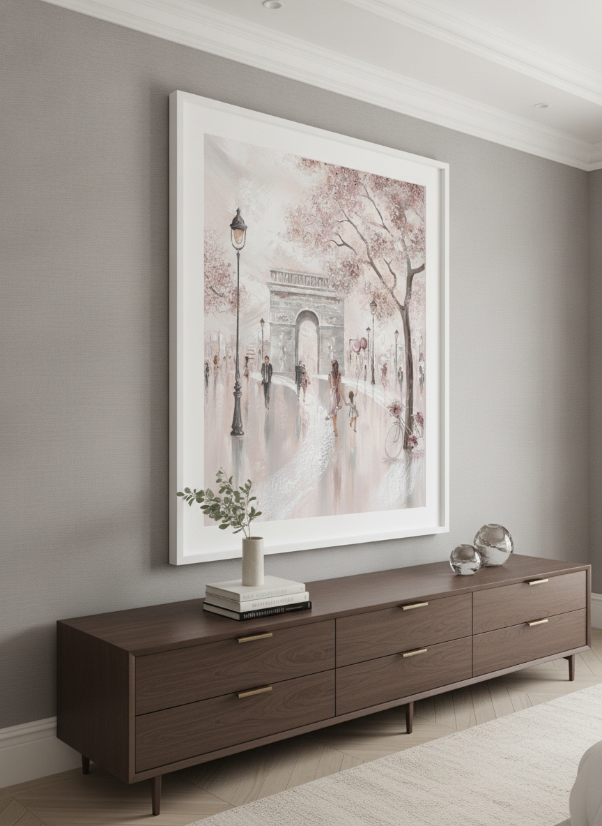 Monumental artwork centred on a feature wall in a luxe interior