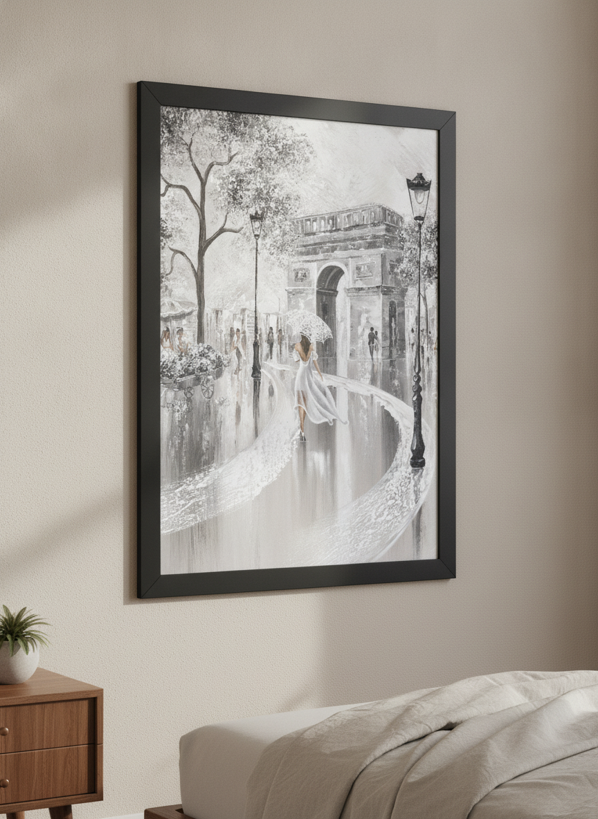 Minimalist artwork displayed in a calm, light-filled bedroom interior