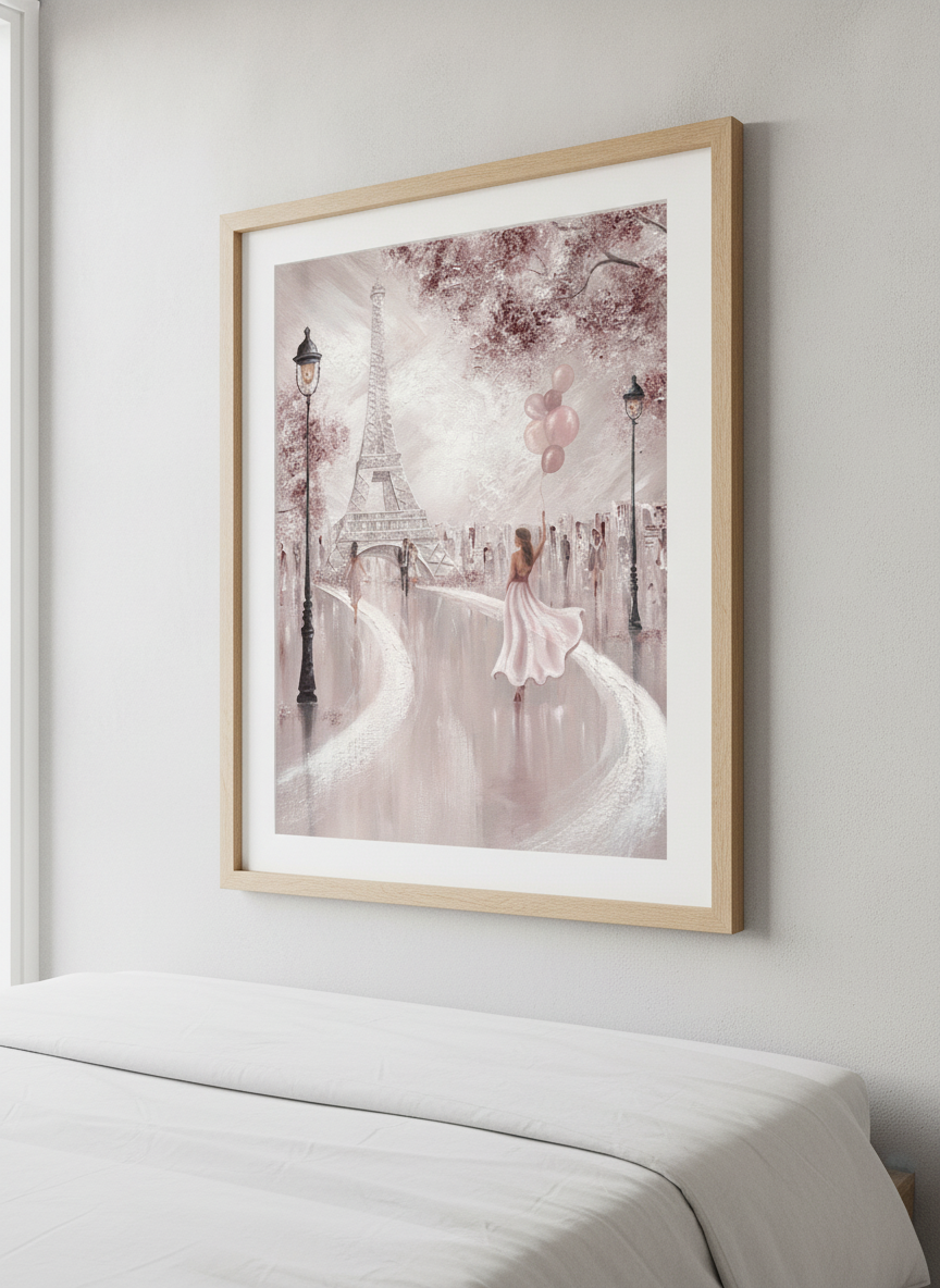 Minimalist artwork displayed in a calm, light-filled bedroom interior