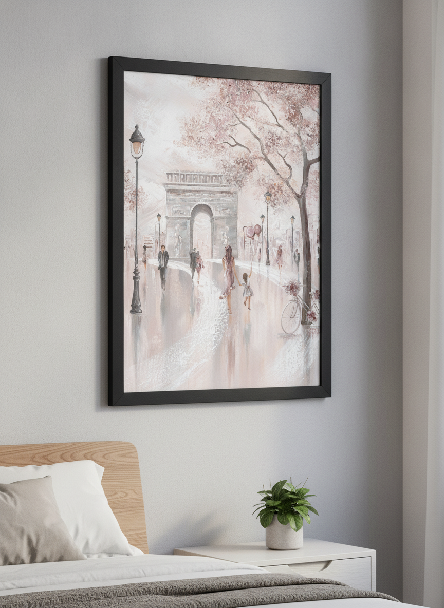 Minimalist artwork displayed in a calm, light-filled bedroom interior
