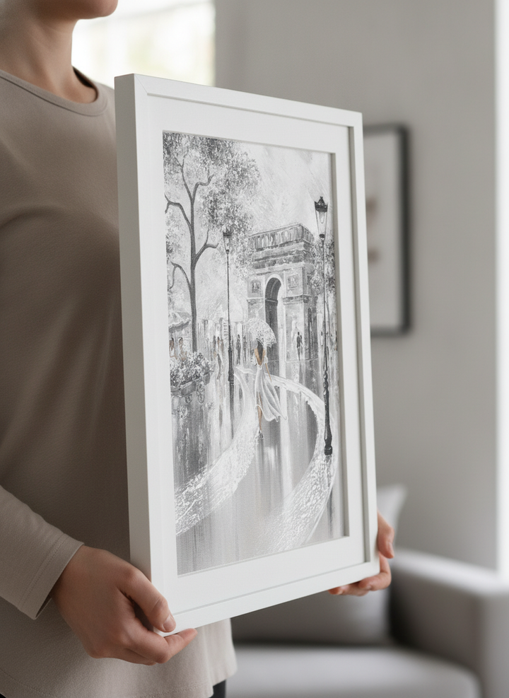 Person showcasing the artwork against a clean modern interior wall