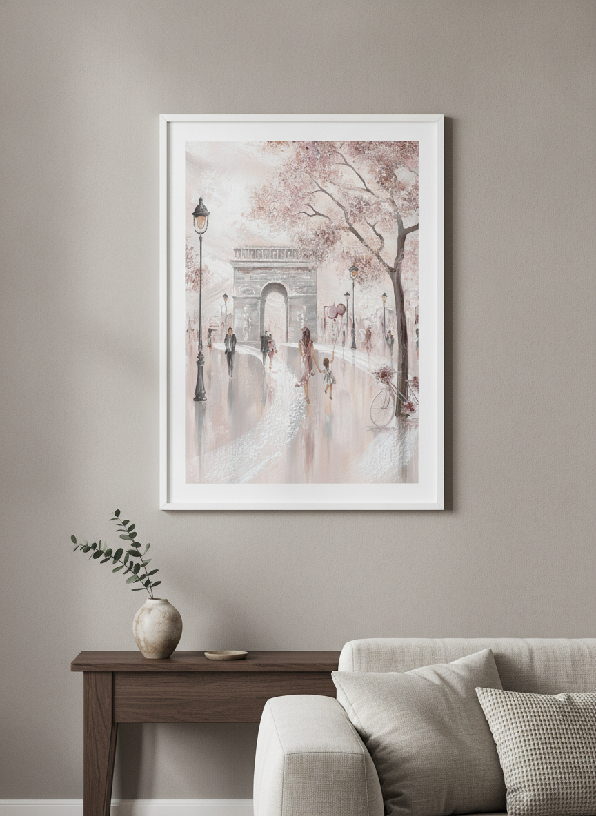Modern wall art styled above a sofa in a neutral living room