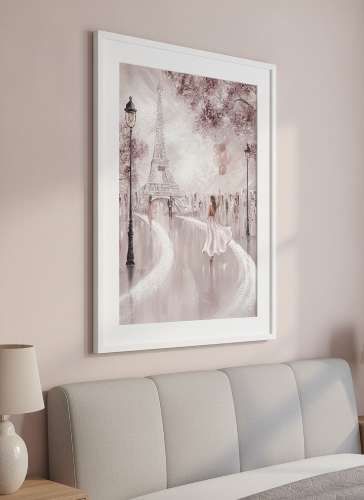 Minimalist artwork displayed in a calm, light-filled bedroom interior