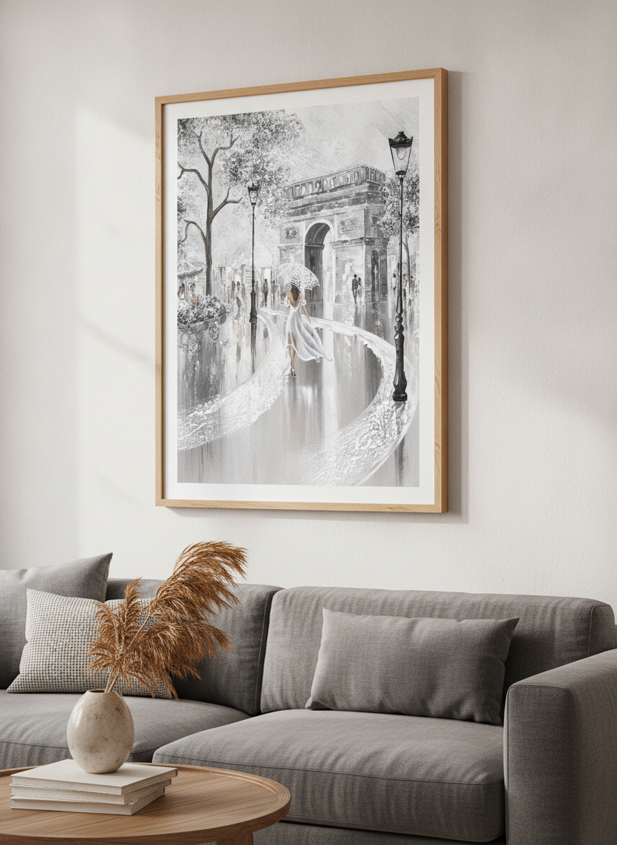Modern wall art styled above a sofa in a neutral living room
