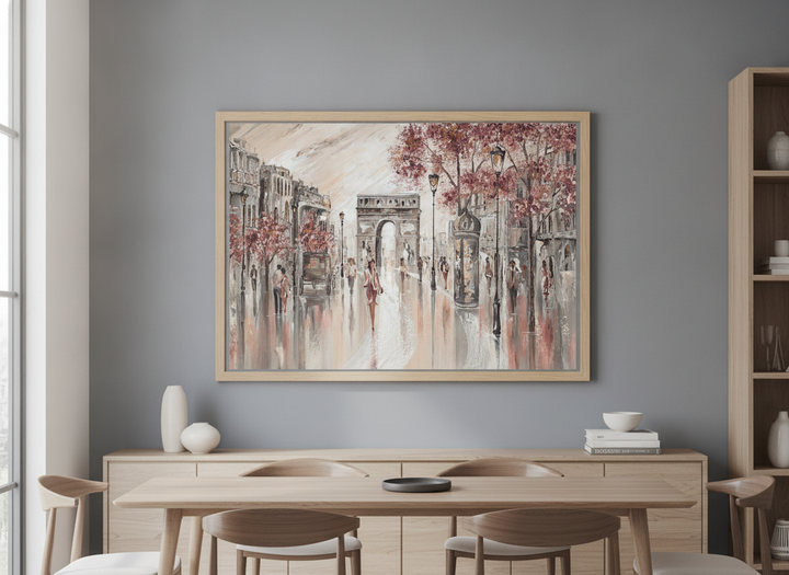 Wall art styled above a dining table in a contemporary home