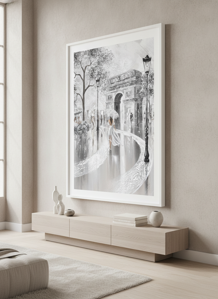 Monumental artwork centred on a feature wall in a luxe interior