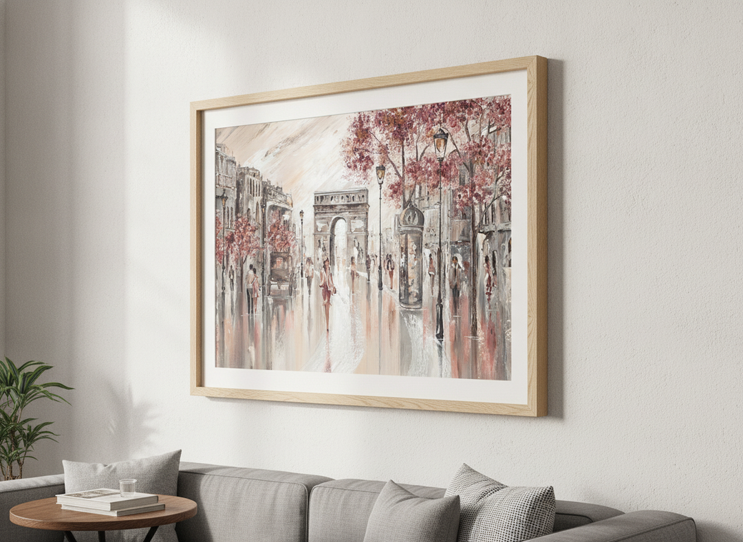 Modern wall art styled above a sofa in a neutral living room