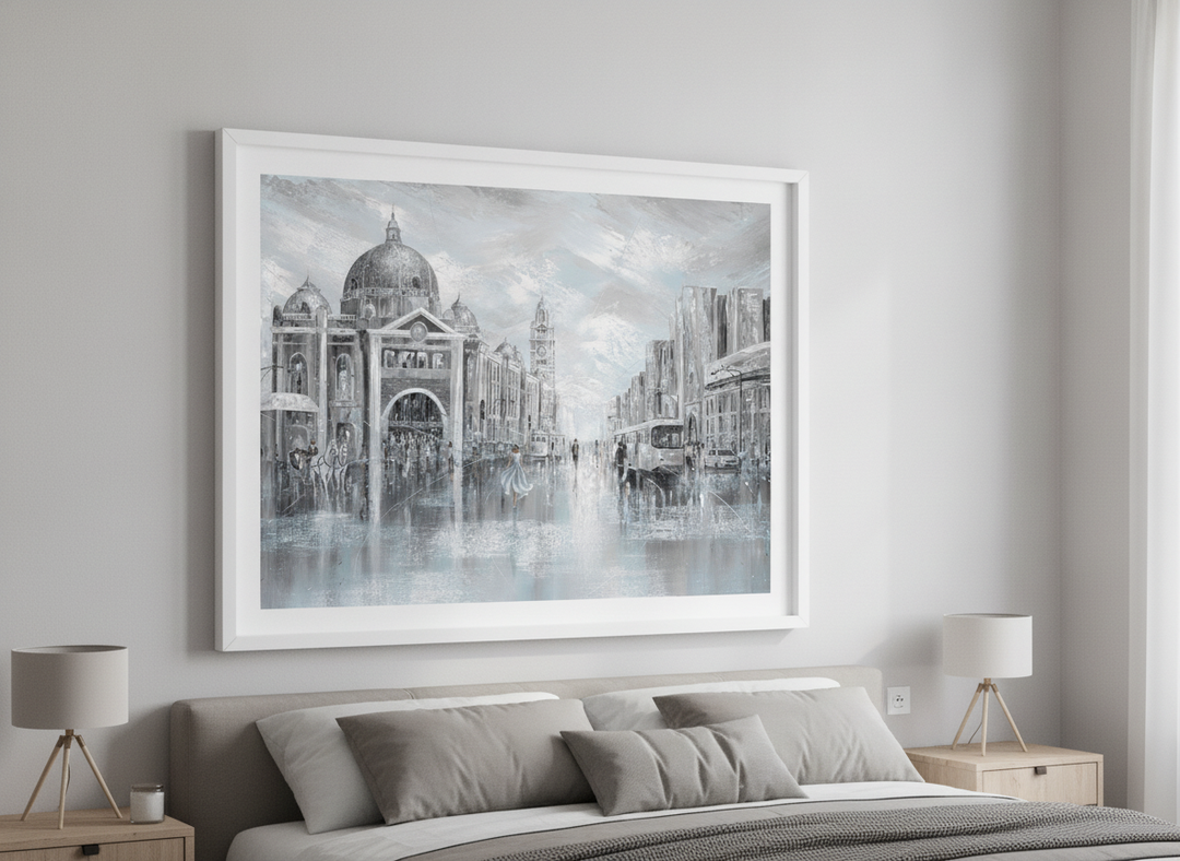 Minimalist artwork displayed in a calm, light-filled bedroom interior