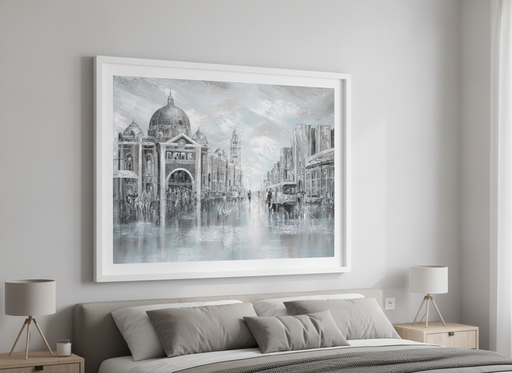 Minimalist artwork displayed in a calm, light-filled bedroom interior