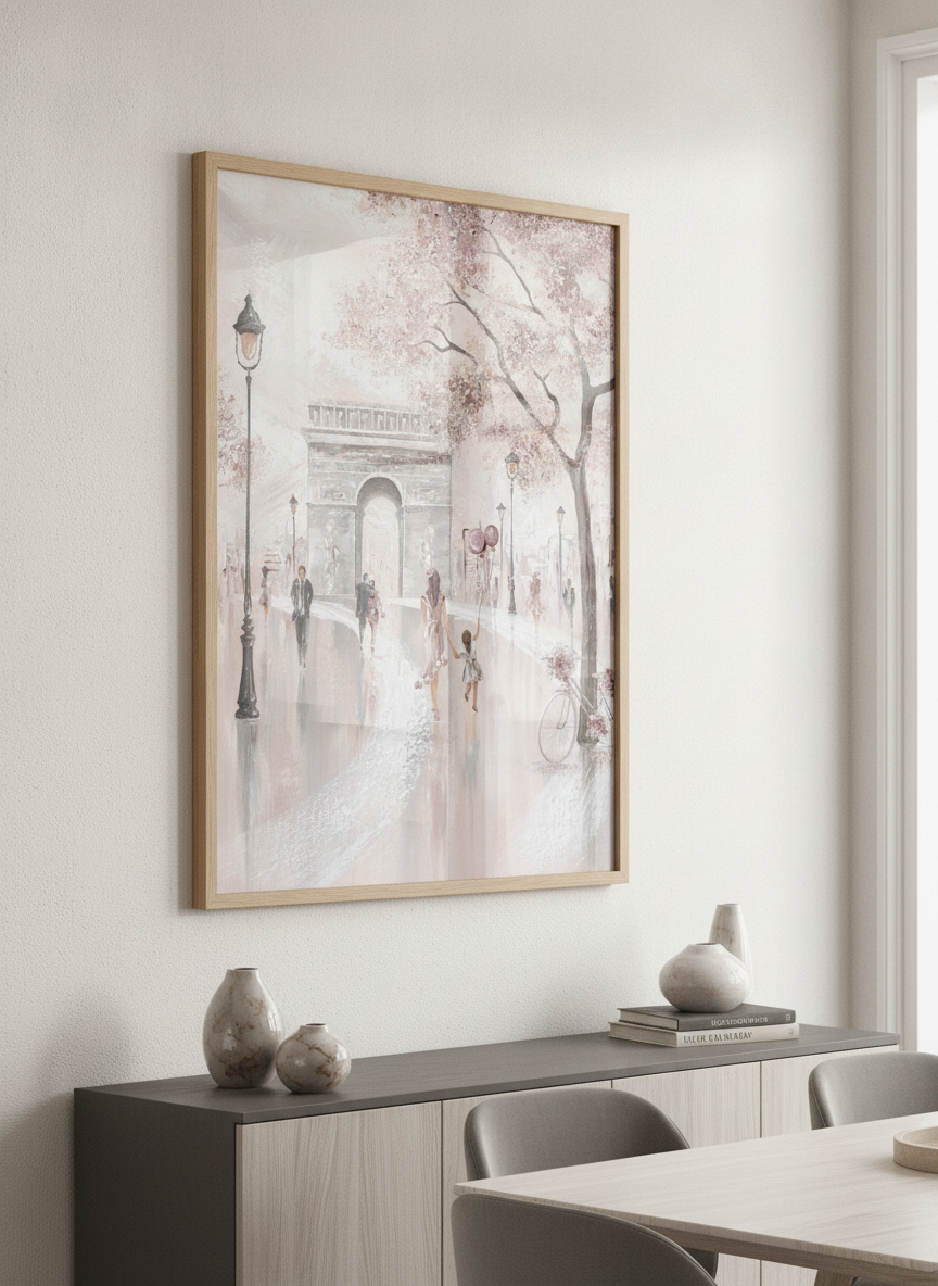Wall art styled above a dining table in a contemporary home